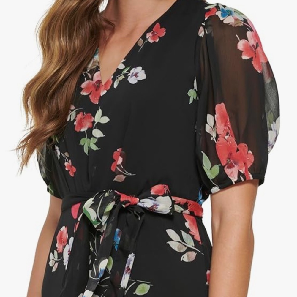DKNY Women's Black
Floral-Print Ruffled Hem Puff Sleeve Midi
Dress Size 14W NWT - Picture 6 of 16